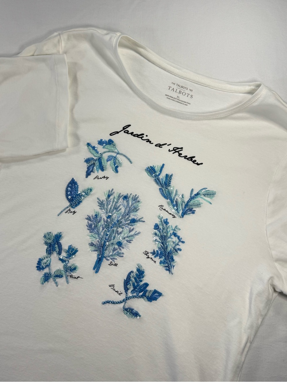 Talbots Herb Garden Tee Embroidered Sequin White Blue Cotton Shirt Women’s XL